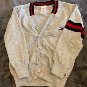 Gray Cardigan with Red and Black Stripes